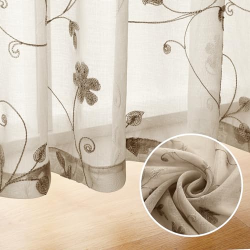 Taupe Sheer Curtains 96 Inches Long 2 Panels Beige Embroidered Floral Pattern Semi Sheer Window Curtains for Bedroom Living Room (52"W x 96"L (Pack of 2) / Taupe/Beige)