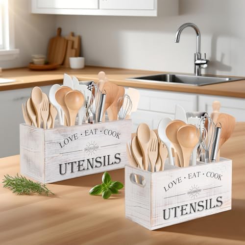 2 PC Wooden Utensil Holder (White 2PC)