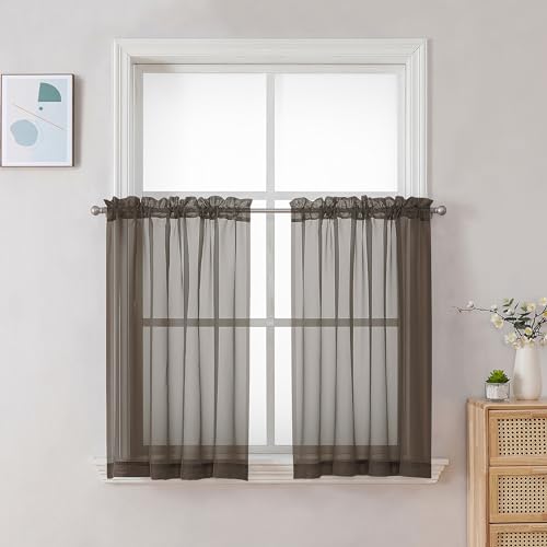 Chocolate Brown Sheer Curtains 30 inch Length 2 Panels (Chocolate Brown / 42"W x 30"L (Pack of 2))