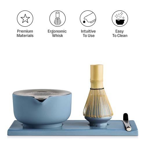 Matcha Set, 6-Piece Ceramic Matcha Bowl Kit with Display Tray (Hazy Blue)