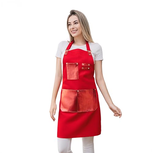 Barista Tools Apron for Women Hairstylists Servers Waterproof Canvas Kitchen Apron with 3 Pockets for Cooking Gardening (Red)