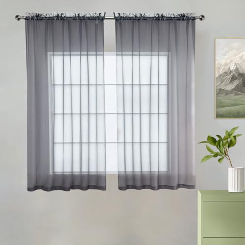 Solid Sheer Rod Pocket Curtain Voile Draperies 2 Panels White Beige Black Grey Coffee 38 Inch Width 54 Inch Long 1 Pair for Kitchen Bedroom Children Living Room Yard (Grey / 38"W x 54"L (Pack of 2))