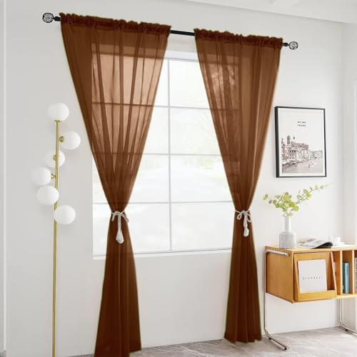 Brown Sheer Curtains 4 Panels Rod Pocket Semi (Brown / 52"W x 108"L (Pack of 4))