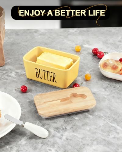 Butter Dish Ceramic with Lid and Knife for Countertop (Yellow)