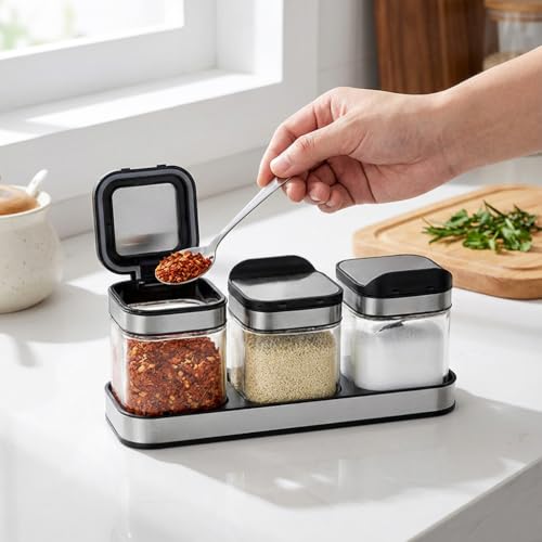 Condiment Jar Spice Container with 304 Stainless Steel Lids and Spoons (3-flavor set)