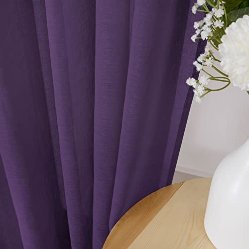 Short Sheer Curtain Linen Textured Bedroom Curtains Sheer Light Filtering Rod Pocket Voile Curtain for Living Room (54"W x 54"L (Pack of 2) / Royal Purple)