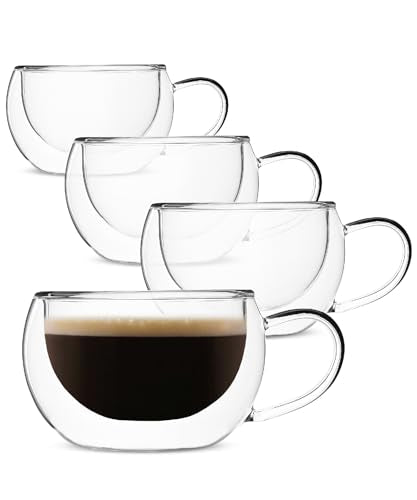 BTaT Double Walled Glass Coffee Mugs (Clear / 9 oz Coffee, Set of 4)