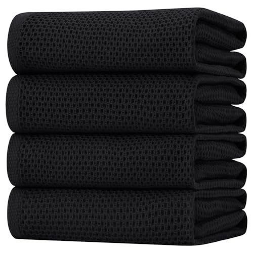 100% Cotton Oversized Waffle Weave Kitchen Towels 4 (Black / 20 X 28 - 4 Pack)