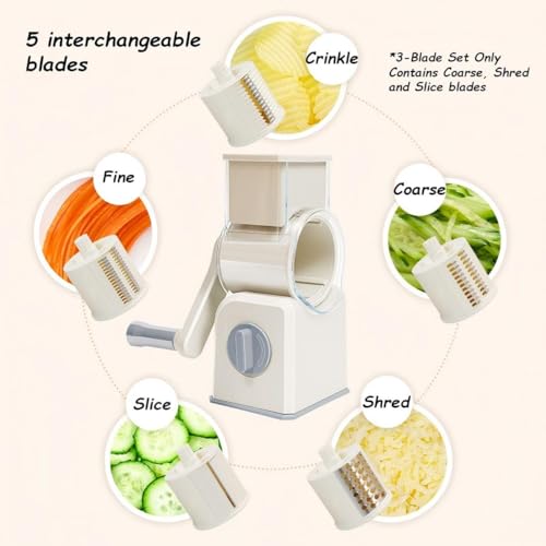 Rotary Cheese Grater with Hand Crank (Beige / 3 Blades)