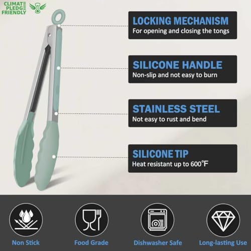 Tongs for Cooking (Light Green / 9 + 12 inches)
