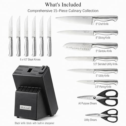 Knife Set Sharp Kitchen Knife Block Set w Built (SilverBlack / 15 pieces)