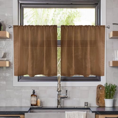 Solid Sheer Rod Pocket Curtain Voile Draperies 2 Panels White Beige Black Ivory Coffee 26 Inch Width 30 Inch Long 1 Pair for Kitchen Bedroom Children Living Room Yard (Brown / 26"W x 30"L (Pack of 2))
