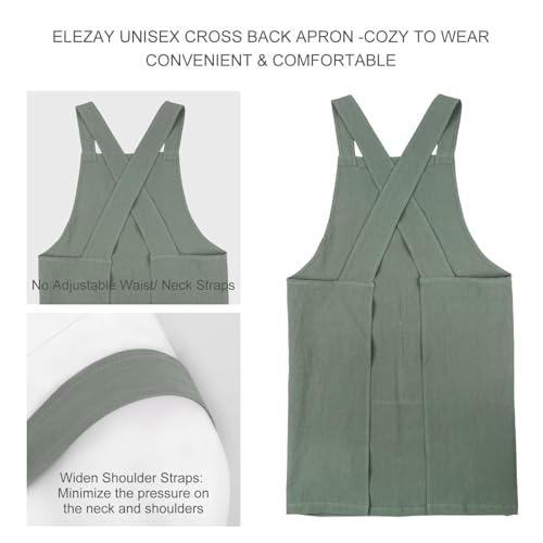 Aprons for Women with Pockets Plus Size Comfort Cross Back No Tie Cotton Linen Apron Pinafore for Cooking Painting Floral Arrangement Gardening Cleaning Small (Green / Small)