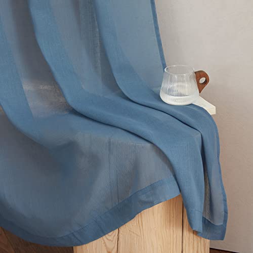 Flax Linen Sheer Curtains for Living Room (52"W x 96"L (Pack of 2) / Stone Blue)