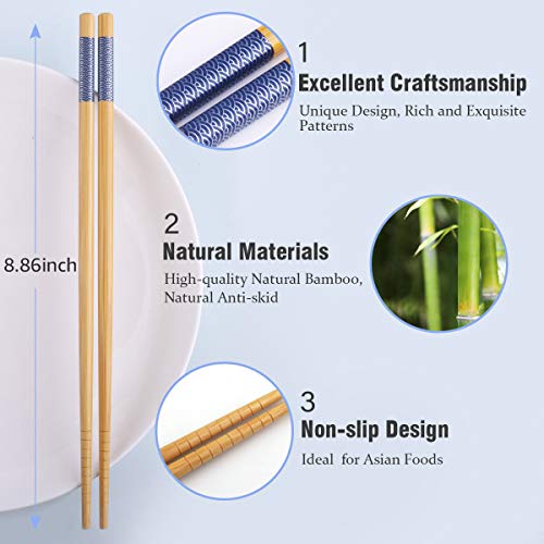 Reusable Chopsticks Japanese Natural Bamboo Classic Style 5 Pairs Lightweight Safe Chop Sticks 8.8 Inch (Blue Fish)