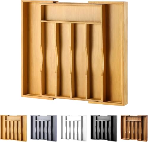 Expandable Bamboo Kitchen Drawer Organizer for Cutlery and Utensils (7 Slots Expandable / Natural)