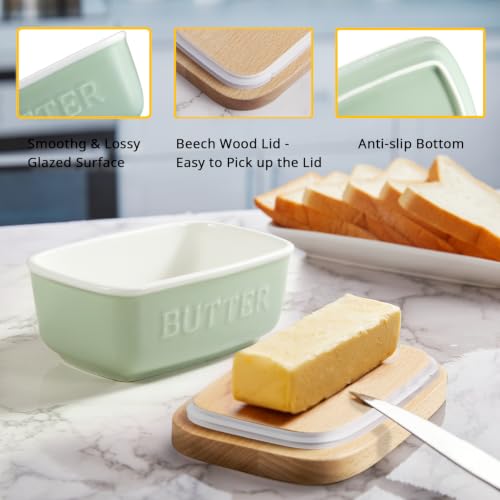 Ceramic Butter Dish with Lid for Countertop (Soft Sage Green)