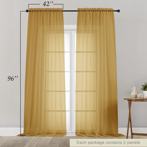 Gold Sheer Curtains for Bedroom Living Room 96 Inches Long 2 Panels (Gold / 42"W x 96"L (Pack of 2))