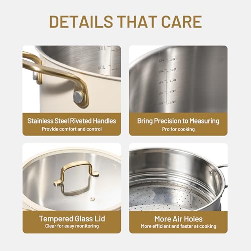 8QT Full Clad Tri Ply Stainless Steel Stock Pot with Lid (Cream White / 8 Quarts)