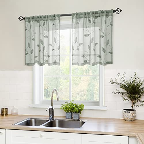 Sage Green Kitchen Tier Curtains Leaf Embroidered (30"W x 24"L (Pack of 2) / 1-sage Green)