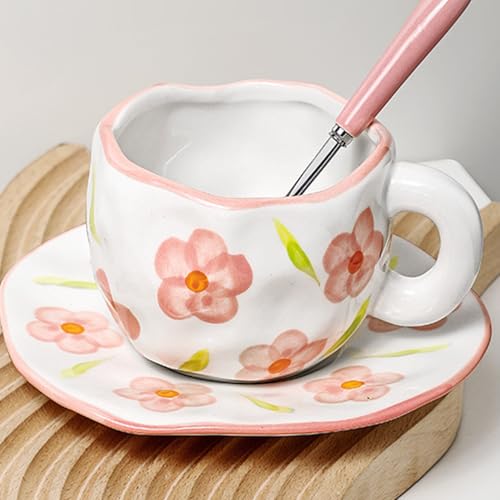 Coffee Mugs Set with Saucer Cute Flowers Cup Gifts for Women Birthday Tea Coffee Mug with Coaster 250 ML Ceramic Cup Birthday Gift for Women Girls Mom Friend Coffee Mug aucer Set (#A Flowers Coffee Mug Set with Saucer)