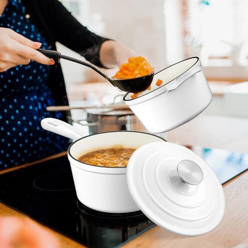 1& 2Qt Enameled Cast Iron Saucepan with Lid (White / 1+2 Quarts)