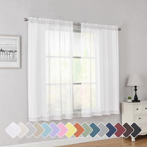White Short Sheer Curtains 45 Inch Length for Small Windows (White / 42"W x 45"L (Pack of 2))