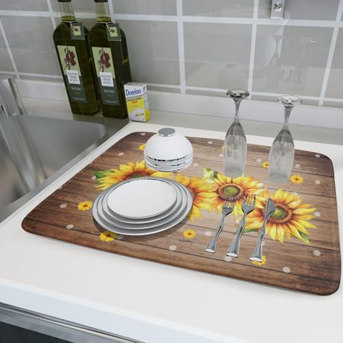 Summer Sunflower Bee Dish Drying Mat for Kitchen Counter (18" x 24")