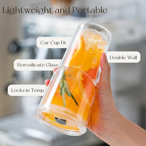 2PCS 20oz Double Wall Glass Tumblers with Lids and Straws