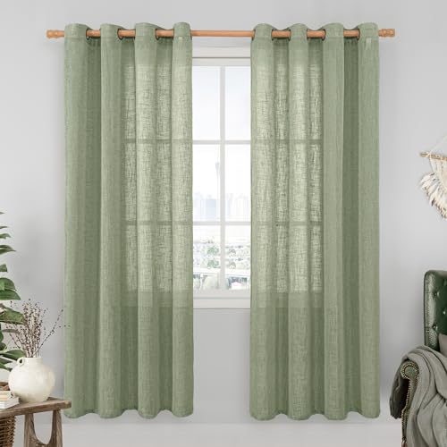 Sage Green Linen Sheer Curtains 80 inch Length for Living Room (52"W x 80"L (Pack of 2) / Sage Green)