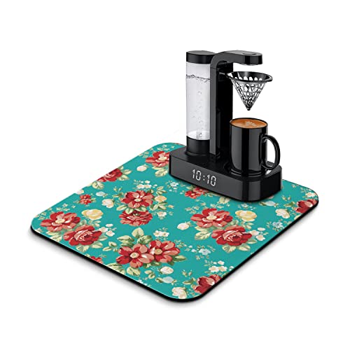 Coffee Bar Mat Accessories for Countertop Absorbent Hide Stain Rubber Backed Dish Drying Mats for Kitchen Counter Draining Pad Decor Gift (Boho Flowers / 16" x 18")