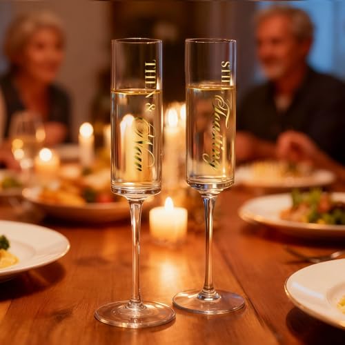 Anniversary Champagne Flutes Set of 2 with Wooden Keepsake Box (Anniversary（Brown） / Set of 2（Wooden box）)