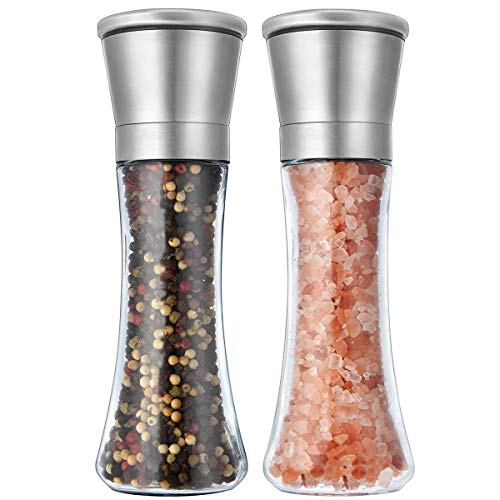 Salt and Pepper Grinder Set Refillable Adjustable Mill Shaker Tall (Tall Silver - 2 Pack)