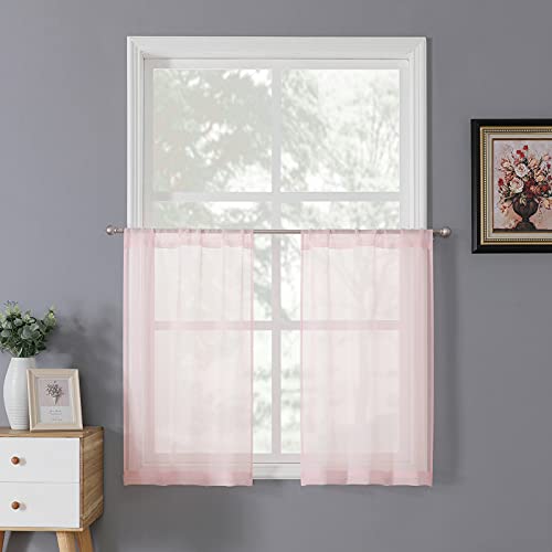 Sheer Tier Curtain Linen Textured Half Kitchen Curtains Sheer Light Filtering Rod Pocket Voile Small Curtains for Bathroom (25"W x 36"L (Pack of 2) / Pink)