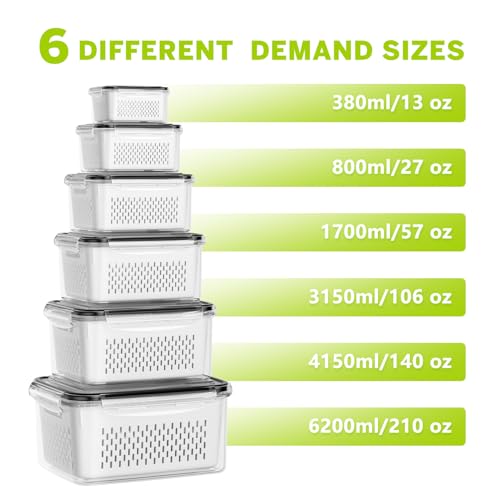 6 PCS Fruit Storage Containers for Fridge with 6 Removable Colanders (6 Pack)
