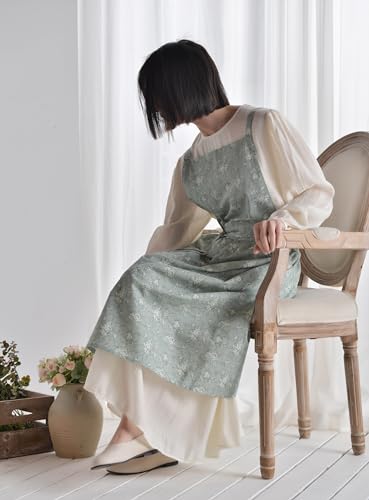 Japanese Cotton Linen Cross Back Work Apron for Women with Pockets Pinafore Dress Smock (03-flower)