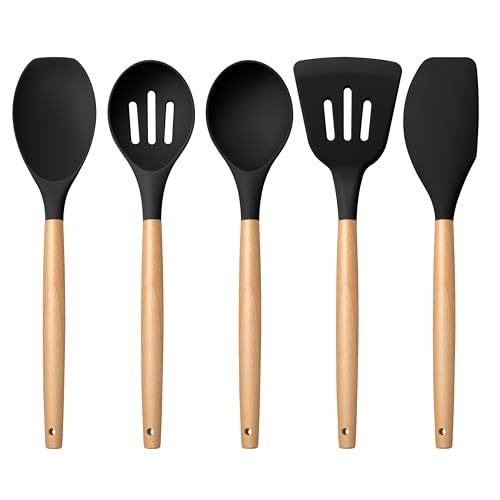 Silicone Cooking Utensils Set with Heat Resistant Wood Handle (5 / Black)