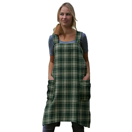 Women's Pinafore Square Apron Baking Cooking Gardening Works Cross Back Cotton (X-Large / Gingham-green)
