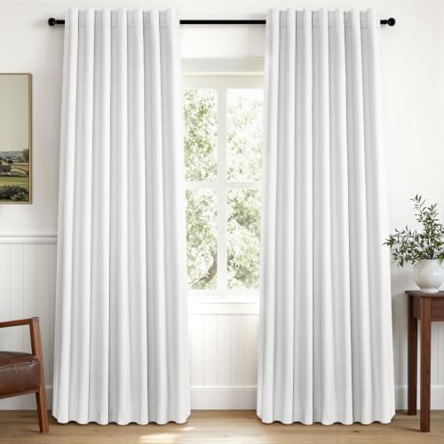 Snow White 100% Blackout Linen Bedroom Curtains 90 Inch Length Back Tab Pleat Curtains with Ring Hooks Black Out Room Darkening Drapes 90 Inches Long Living Room 52Wx90L 2 Panels (Snow White / 52"W x 90"L (Pack of 2))