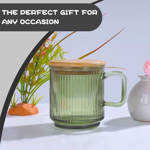 Ribbed Glass Coffee Mug with bamboo lids and handle (Colored)
