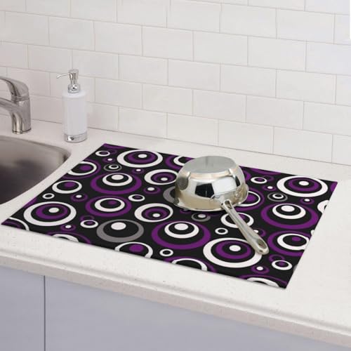 Purple Black White Geometric Circle Pattern Dish Drying Mat for Kitchen Counter (Circles-Purple-White-Black / 18" x 24")