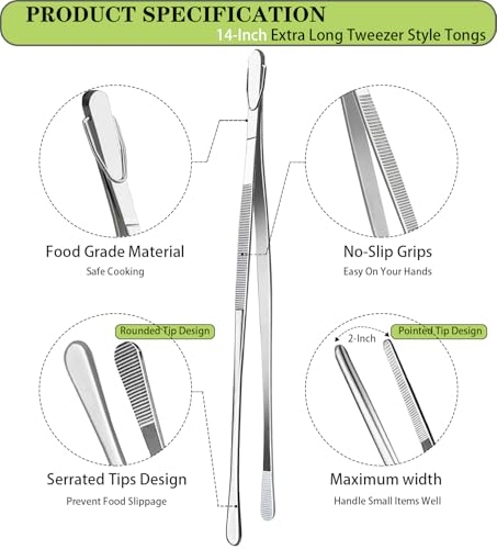 2 Pcs 14 Inch Food Tweezers Stainless Steel Tweezer Tongs Extra (14+14 Inch / Silver)