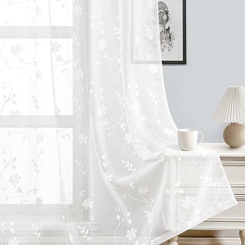 White Sheer Curtains 84 Inches Long 2 Panels White Embroidered Floral Pattern Semi Sheer Window Curtains for Bedroom Living Room (52"W x 84"L (Pack of 2) / White)