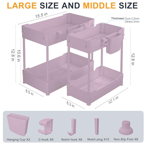 2 Pack Under Sink Organizer with Hooks & Hanging Cup for Kitchen (Pink / 12.8 Inch)