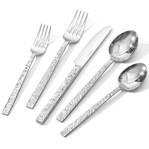 60 Pcs Hammered Silverware Set for 12 (Silver / 60-Piece)
