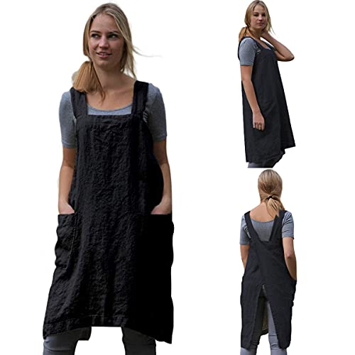 Cotton Linen Apron Cross Back Apron for Women with Big Pockets Square Pinafore Dress for Baking Cooking BBQ & Grill (Black / XX-Large)