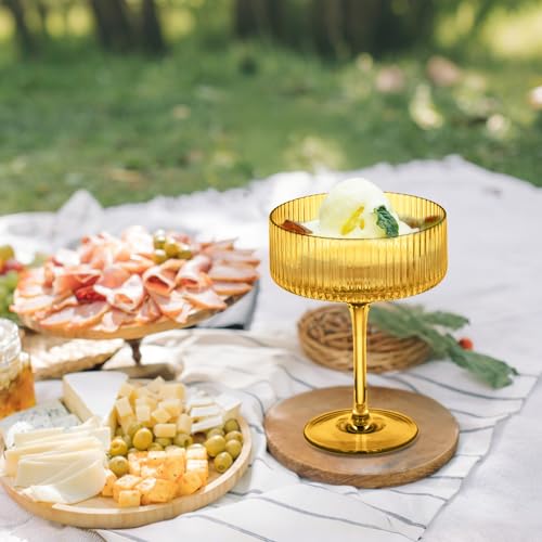 24 Pieces Martini Glasses 10.5oz Plasitc Ribbed Coupe Glasses Champagne Shatterproof Acrylic Vintage Cocktail Glassware Margarita Wine Glasses Disposable Cups for Parties Wedding Anniversary Bar Amber (Amber / 24 PCS)