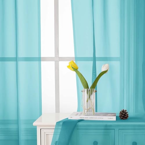 Aqua Sheer Curtains for Living Room 90 Inches Long 2 Pcs (Aqua / 42"W x 90"L (Pack of 2))