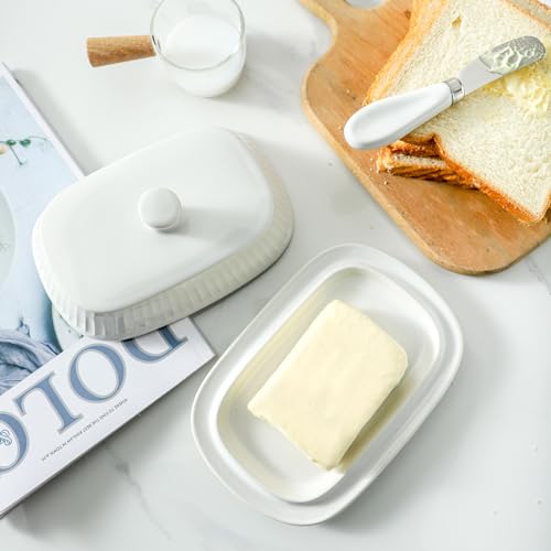 Hansense Porcelain Butter Dish with Lid for Countertop (Pure White)