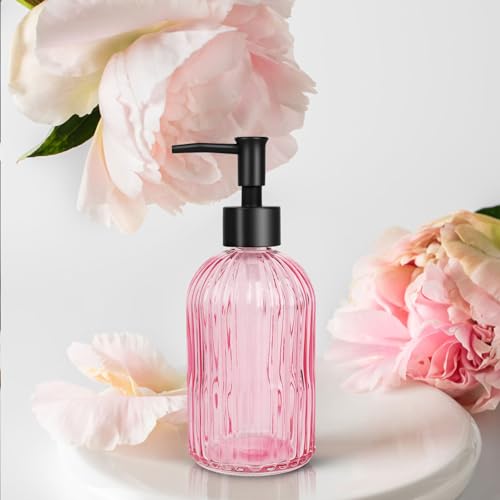 Stripe Glass Soap Dispenser with Black Plastic Pump (Plastic Pump / Pink)